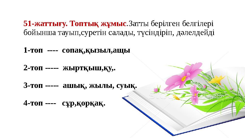51-жаттығу. Топтық жұмыс .Затты берілген белгілері бойынша тауып,суретін салады, түсіндіріп, дәлелдейді 1- топ ---- сопақ,қ