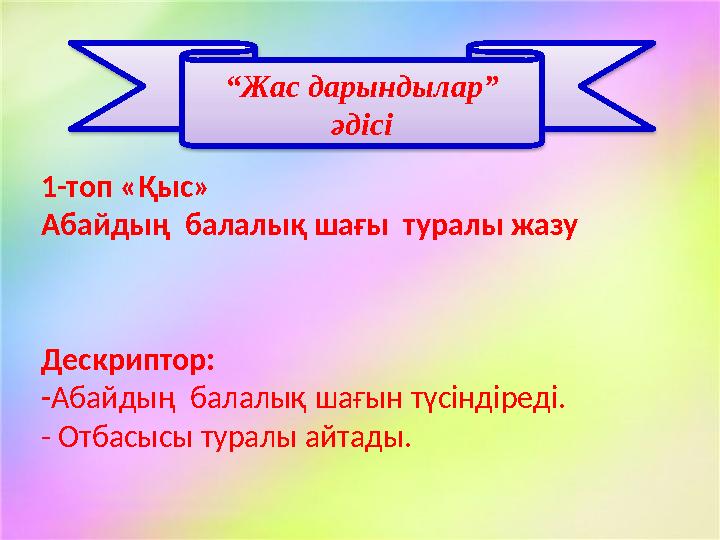 “ Жас дарындылар” әдісі 1-топ «Қыс» Абайдың балалық шағы туралы жазу Дескриптор: - Абайдың балалық шағын түсіндіреді. - Отбас