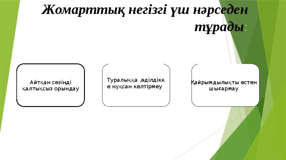 Жомарттық негізгі үш нәрседен тұрады : Айтқан сөзіңді қалтықсыз орындау Туралыққа ,әділдікк е нұқсан келтірмеу Қайрымдылықты е