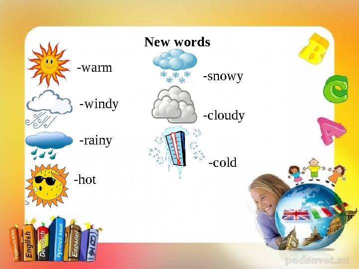 New words -warm -windy -rainy -hot -snowy -cloudy -cold