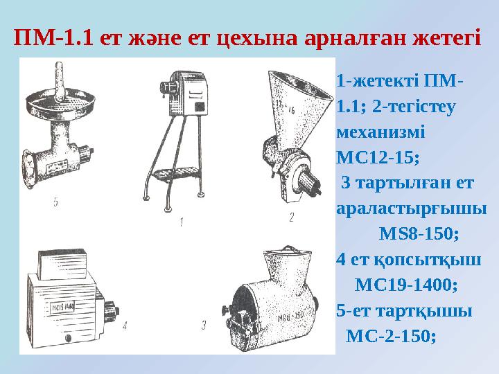 ПМ-1.1 ет және ет цехына арналған жетегі 1-жетекті ПМ- 1.1; 2-тегістеу механизмі МС12-15; 3 тартылған ет араласт