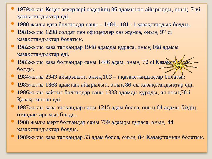  1979жылы Кеңес әскерлері өздерінің 86 адамынан айырылды, оның 7-уі қазақстандықтар еді.  1980 жылы қаза болғандар саны – 14