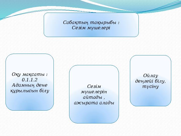 Сабақтың тақырыбы : Сезім мүшелері Оқу мақсаты : 0 . 1 .1.2 Адамның дене құрылысын білу Сезім мүшелерін айтады , ажырат