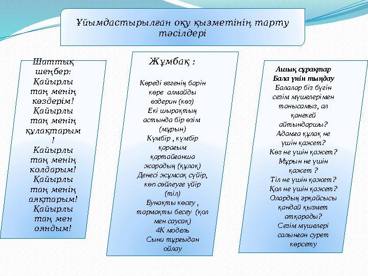 Шаттық шеңбер : Қайырлы таң менің көздерім ! Қайырлы таң менің құлақтарым ! Кайырлы таң менің колдарым ! Қайырлы таң мен