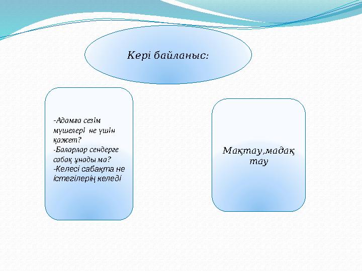 Кері байланыс : - Адамға сезім мүшелері не үшін қажет? -Баларлар сендерге сабақ ұнады ма? -Келесі сабақта не істегілерің ке