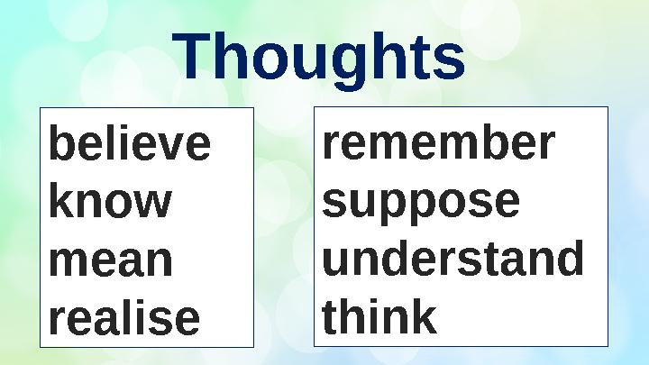 Thoughts believe know mean realise remember suppose understand think