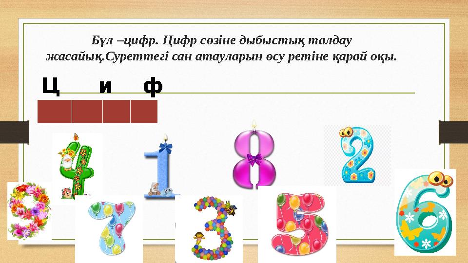 Бұл –цифр. Цифр сөзіне дыбыстық талдау жасайық.Суреттегі сан атауларын өсу ретіне қарай оқы. Ц и ф р