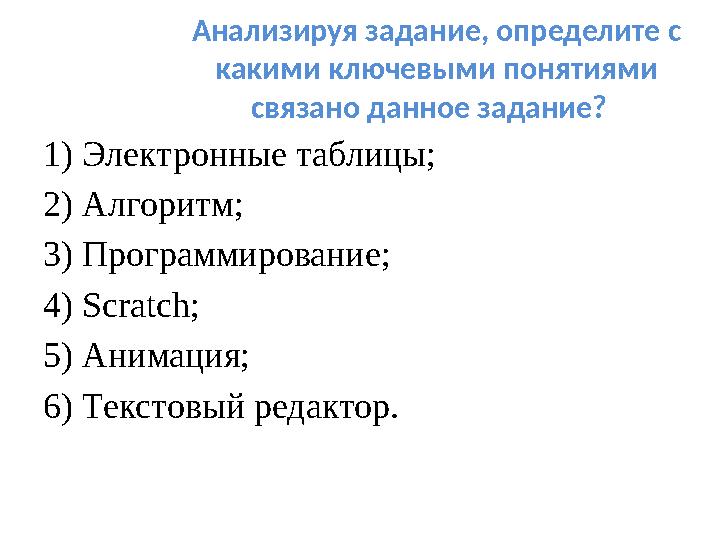 Анализируя задание, определите с какими ключевыми понятиями связано данное задание? 1) Электронные таблицы; 2) Алгоритм; 3