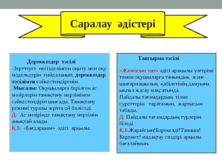 Саралау әдістері Дереккөздер тәсілі -Зерттеуге негізделінген оқыту мен оқу модельдерін пайдаланып, дереккөздер