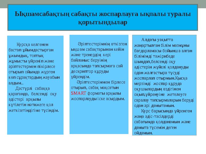 Курсқа келгенен бастап ұйымдастырған ұжымдық, топтық жұмысты үйреніп және әріптестермен пікірлесе отырып ойымда жү