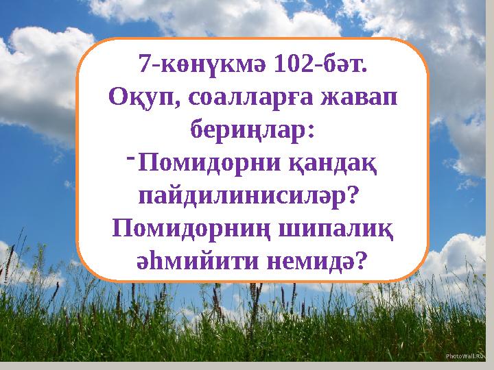 7-көнүкмә 102-бәт. Оқуп, соалларға жавап бериңлар: - Помидорни қандақ пайдилинисиләр? Помидорниң шипалиқ әһмийити немидә?