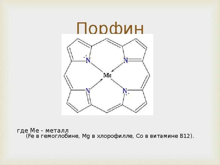 Порфин где Ме - металл (Fe в гемоглобине, Mg в хлорофилле, Co в витамине В12).
