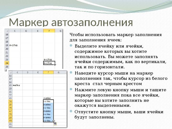 Маркер автозаполнения Чтобы использовать маркер заполнения для заполнения ячеек:  Выделите ячейку или ячейки, содержимое кото