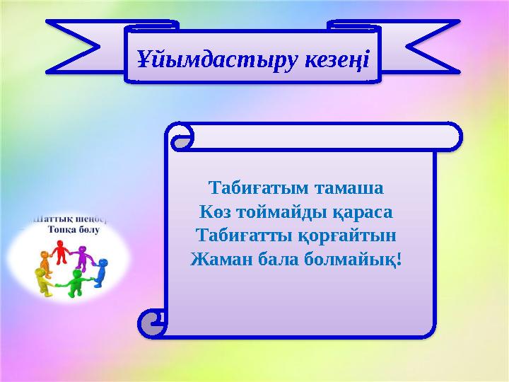 Ұйымдастыру кезеңі Табиғатым тамаша Көз тоймайды қараса Табиғатты қорғайтын Жаман бала болмайық!