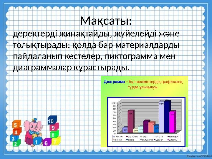 Мақсаты: деректерді жинақтайды, жүйелейді және толықтырады; қолда бар материалдарды пайдаланып кестелер, пиктограмма мен диаг