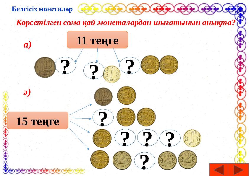 Белгісіз монеталар Көрсетілген сома қай монеталардан шығатынын анықта? 11 теңге 15 теңге ?? ? ??? ? ?а) ә)