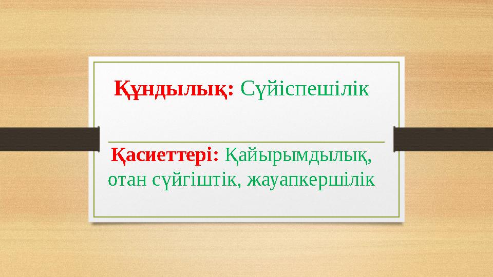 Құндылық: Сүйіспешілік Қасиеттері: Қайырымдылық, отан сүйгіштік, жауапкершілік