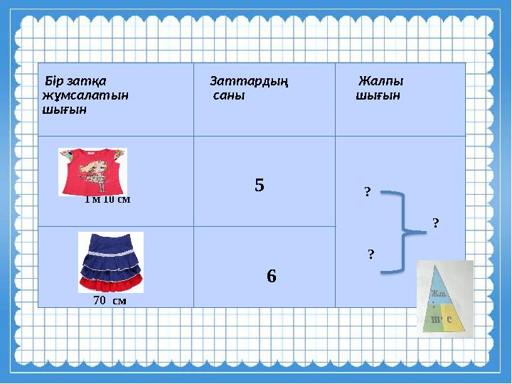 Бір затқа жұмсалатын шығын Заттардың саны Жалпы шығын 1 м 10 см