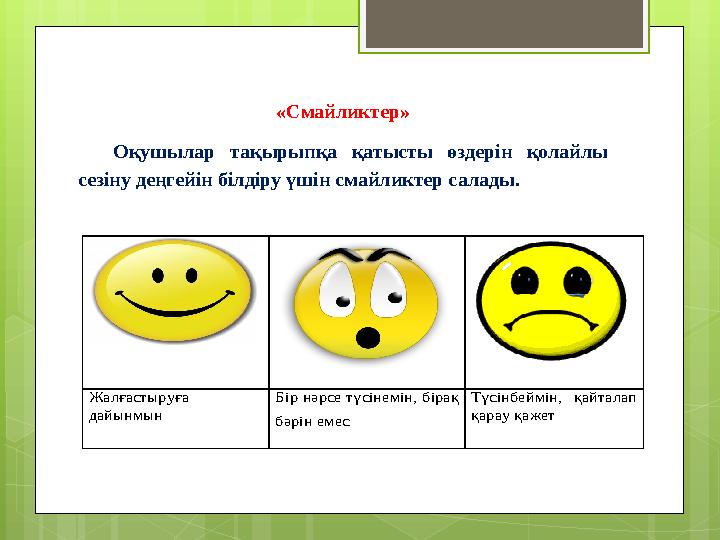 Жалғастыруға дайынмын Бір нәрсе түсінемін, бірақ бәрін емес Түсінбеймін, қайталап қарау қажет «Смайликтер
