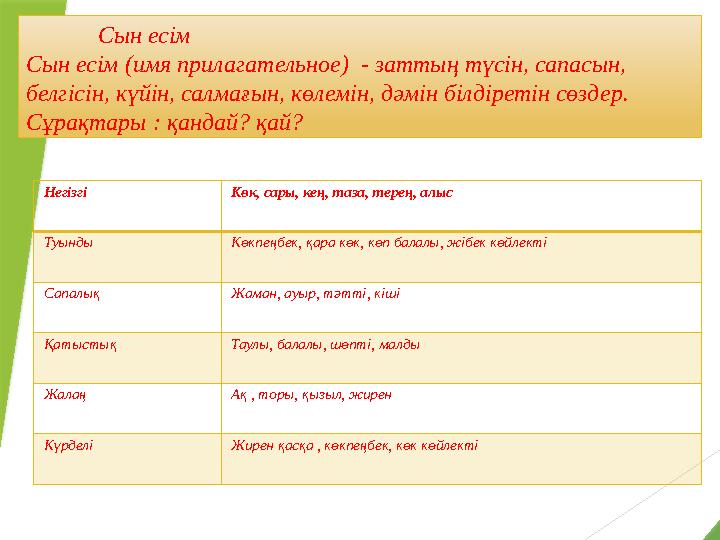 Сын есім Сын есім (имя прилагательное) - заттың түсін, сапасын, белгісін, күйін, салмағын, көлемін, дәмін білдіретін сөздер.