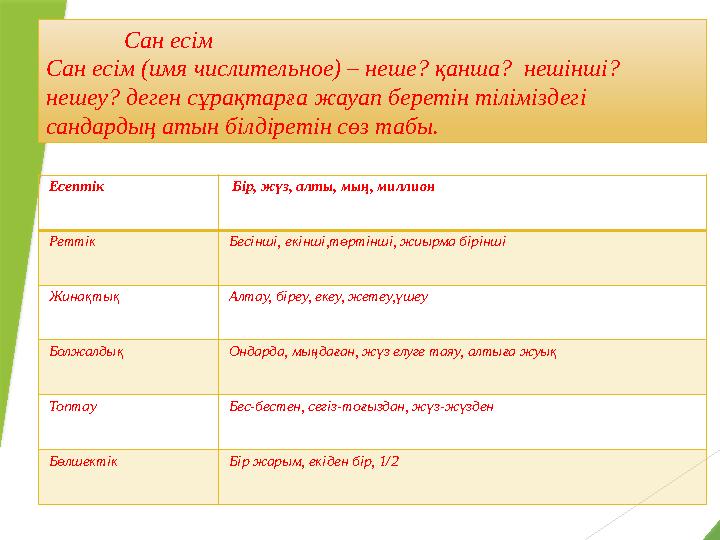 Сан есім Сан есім (имя числительное) – неше? қанша? нешінші? нешеу? деген сұрақтарға жауап беретін тіліміздегі сандардың ат