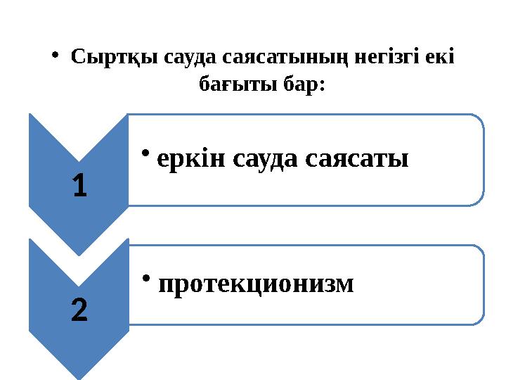 • Сыртқы сауда саясатының негізгі екі бағыты бар: 1 • еркін сауда саясаты 2 • протекционизм