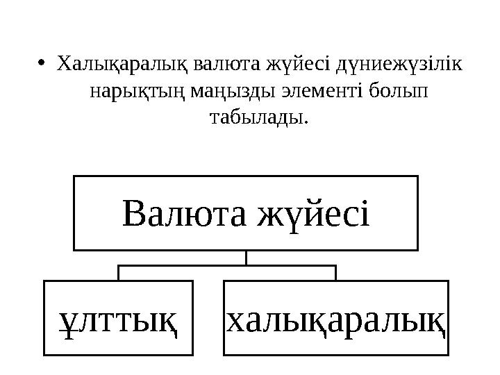 • Халықаралық валюта жүйесі дүниежүзілік нарықтың маңызды элементі болып табылады. Валюта жүйесі ұлттық халықаралық