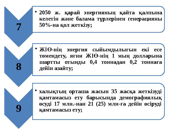 7 • 2050 ж. қарай энергияның қайта қалпына келетін және балама түрлерінен генерацияны 50%-на қол жеткізу; 8 • ЖІӨ-нің