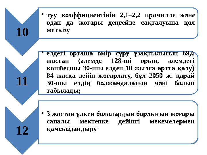 10 • туу коэффициентінің 2,1–2,2 промилле және одан да жоғары деңгейде сақталуына қол жеткізу 11 • елдегі орташа өм