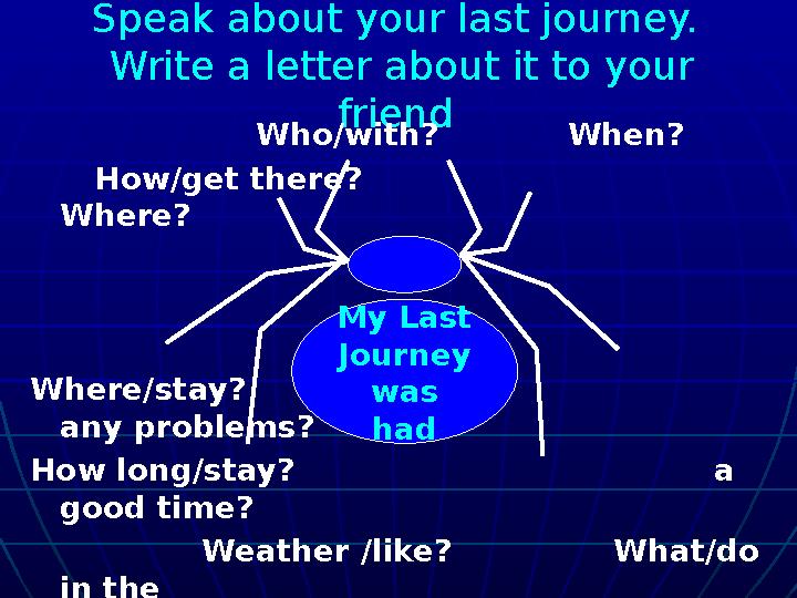 Speak about your last journey. Write a letter about it to your friend Who/with? When?