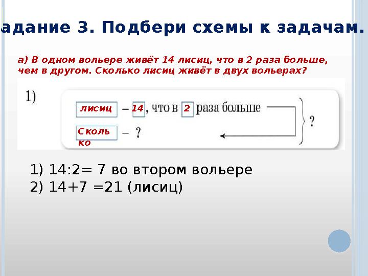 Задание 3. Подбери схемы к задачам. а) В одном вольере живёт 14 лисиц, что в 2 раза больше, чем в другом. Сколько лисиц живёт