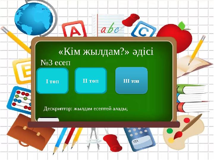 «Кім жылдам?» әдісі № 3 есеп 25 +26=51 74-48=26 71-53=18 І топ 27-19 =8 34+57=91 62-35=27 ІІ топ 38+57 =95 76-18=55 19+58=77 ІІ