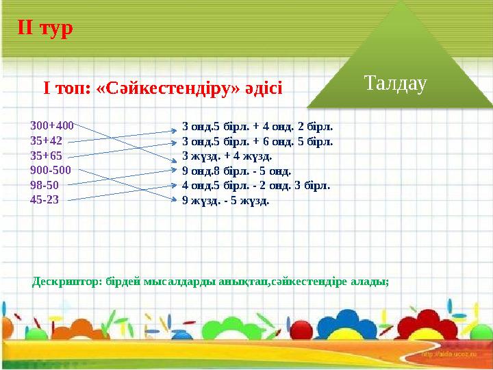 Талдау І топ: «Сәйкестендіру» әдісі 300+400 35+42 35+65 900-500 98-50 45-23 3 онд.5 бірл. + 4 онд. 2 бірл. 3 онд.5 бірл. + 6 о