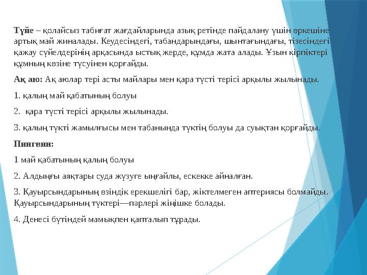 Түйе – қолайсыз табиғат жағдайларында азық ретінде пайдалану үшін өркешіне артық май жиналады. Кеудесіндегі, табандарындағы, ш