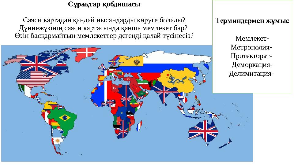 Терминдермен жұмыс Мемлекет- Метрополия- Протекторат- Деморкация- Делимитация- Сұрақтар қобдишасы Саяси картадан қандай нысанд