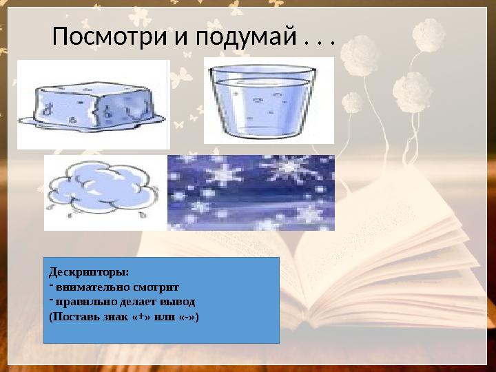 Посмотри и подумай . . . Дескрипторы: - внимательно смотрит - правильно делает вывод (Поставь знак «+» или «-»)