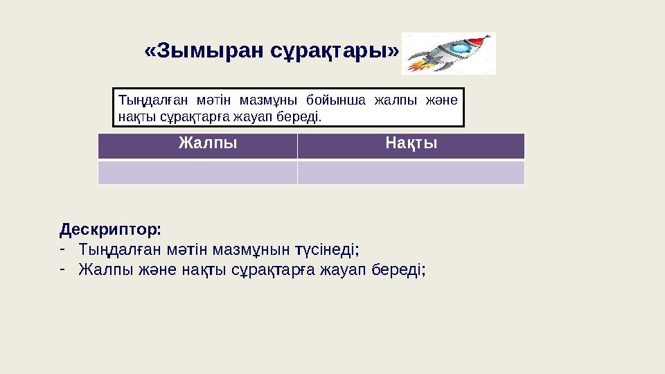 Тыңдалған мәтін мазмұны бойынша жалпы және нақты сұрақтарға жауап береді. Жалпы Нақты Дескриптор: - Тыңдалған мәтін