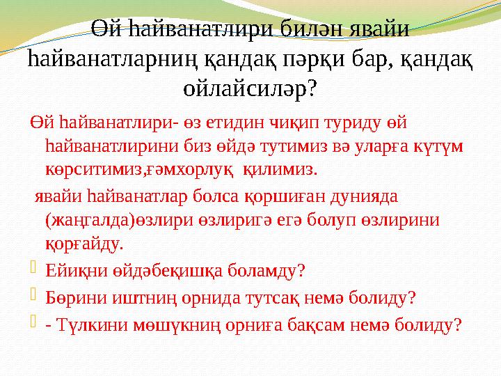Өй һайванатлири билән явайи һайванатларниң қандақ пәрқи бар, қандақ ойлайсиләр? Өй һайванатлири- өз етидин чиқип туриду өй һа