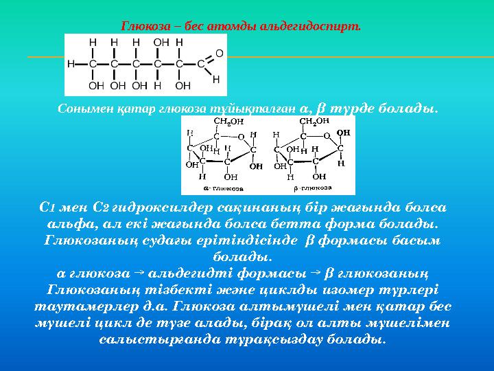 Глюкоза – бес атомды альдегидоспирт. Сонымен қатар глюкоза тұйықталған α, β түрде болады. С 1 мен С 2 гидрокс