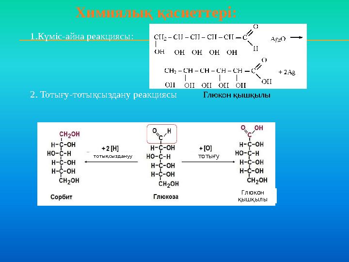 1. Күміс - айна реакциясы: 2. Тотығу-тотықсыздану реакциясы тотықсыздан уу тотығуХимиялық қасиеттері: Глюкон қышқылы Глюкон қ