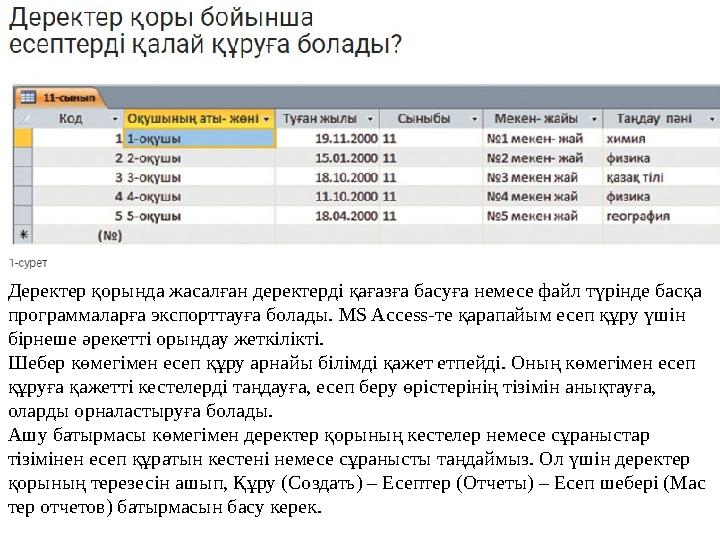 Деректер қорында жасалған деректерді қағазға басуға немесе файл түрінде басқа программаларға экспорттауға болады. MS Access- т