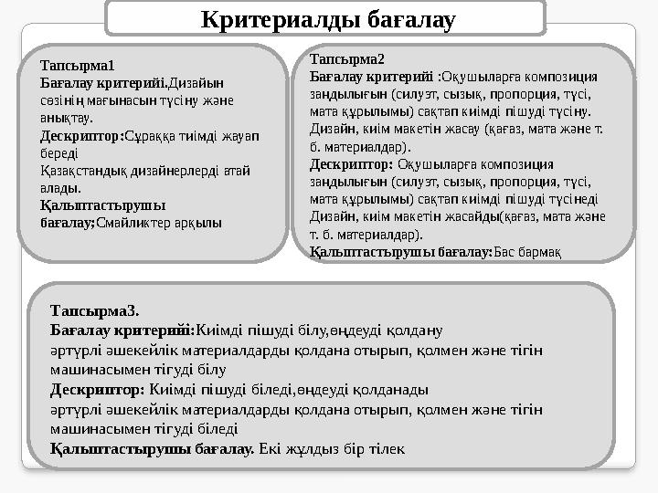 Критериалды бағалау Тапсырма 1 Бағалау критерийі . Дизайын сөзінің мағынасын түсіну және анықтау. Дескриптор: Сұраққа тиімді