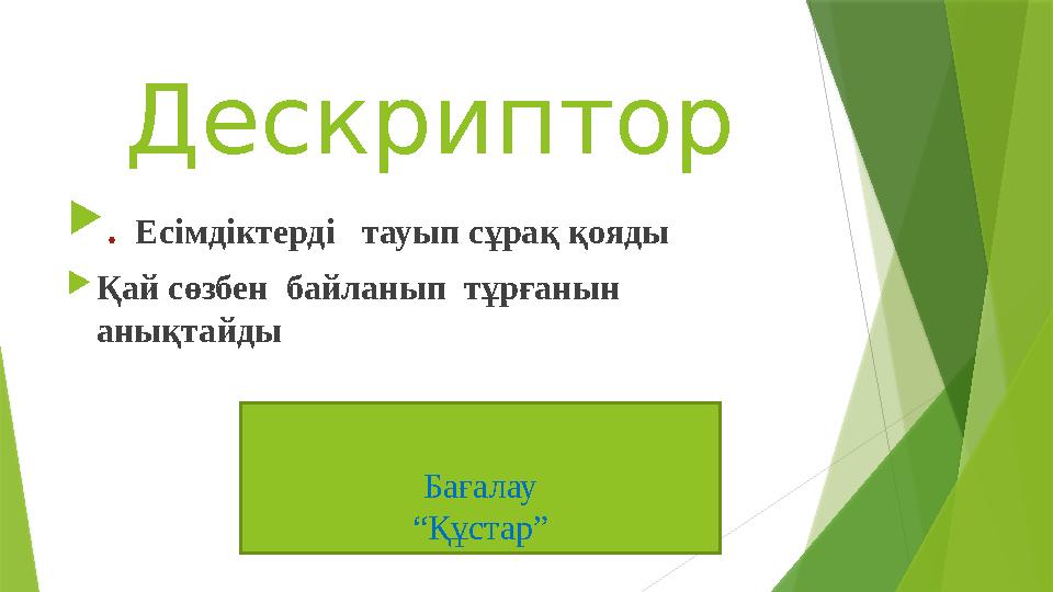 Дескриптор  . Есімдіктерді тауып сұрақ қояды  Қай сөзбен байланып тұрғанын анықтайды Бағалау “ Құстар”