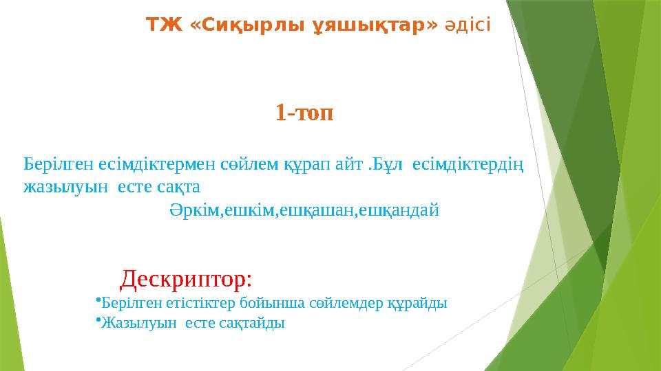 ТЖ «Сиқырлы ұяшықтар» әдісі 1-топ Берілген есімдіктермен сөйлем құрап айт .Бұл есімдіктердің жазылуын есте сақта Әркім,ешк