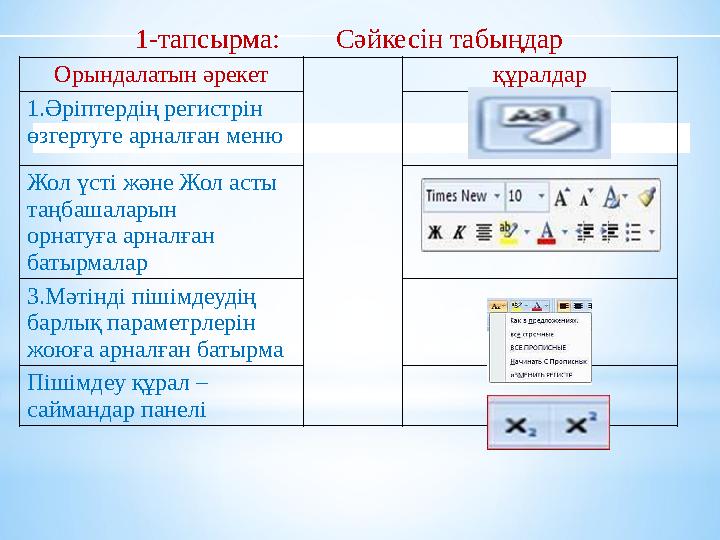 Орындалатын әрекет құралдар 1.Әріптердің регистрін өзгертуге арналған меню Жол үсті және Жол асты таңбашаларын орнатуға арна