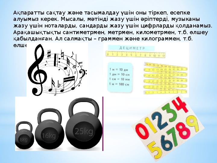 Ақпаратты сақтау және тасымалдау үшін оны тіркеп, есепке алуымыз керек. Мысалы, мәтінді жазу үшін әріптерді, музыканы жазу үші
