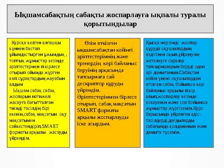 Курсқа келген алғашқы күннен бастап ұйымдастырған ұжымдық , топтық жұмыстар кезінде әріптестермен пікірлесе отырып ойымд