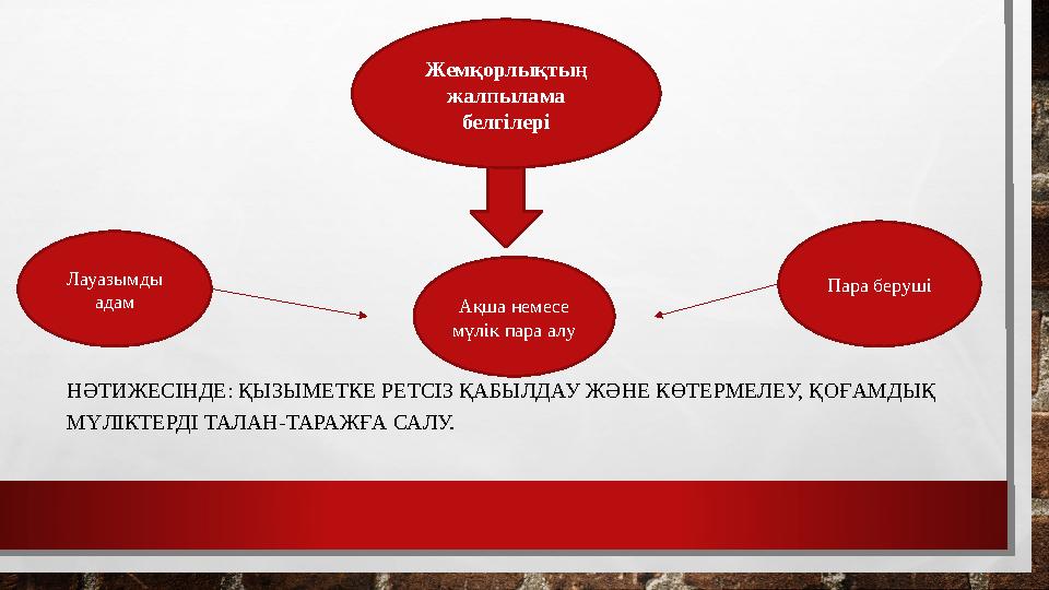 НӘТИЖЕСІНДЕ: ҚЫЗЫМЕТКЕ РЕТСІЗ ҚАБЫЛДАУ ЖӘНЕ КӨТЕРМЕЛЕУ, ҚОҒАМДЫҚ МҮЛІКТЕРДІ ТАЛАН-ТАРАЖҒА САЛУ. Жемқорлықтың жалпылама белгіл