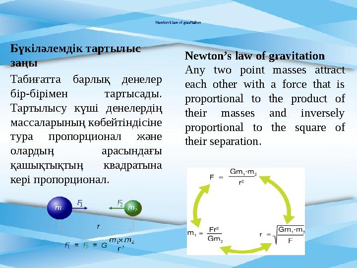 Newton’s law of gravitation Бүкіләлемдік тартылыс заңы Табиғатта барлық денелер бір-бірімен тартысады. Тартылысу күші де