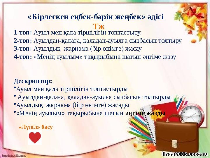 « Бірлескен еңбек-бәрін жеңбек » әдісі Тж 1-топ: Ауыл мен қала тіршілігін топтастыру. 2-топ: Ауылдан-қалаға, қаладан-ауыл
